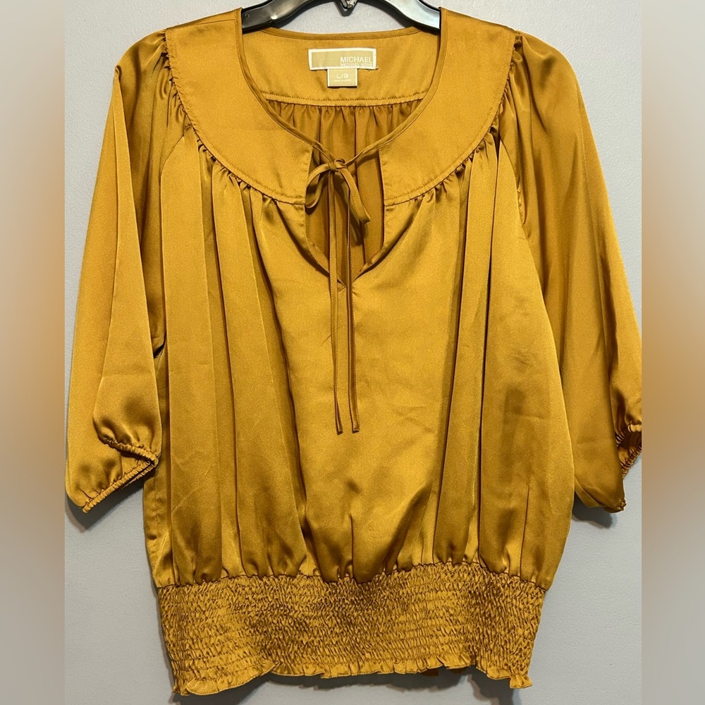 Michael Kors gold peasant blouse with cinched hem and drawstring neckline